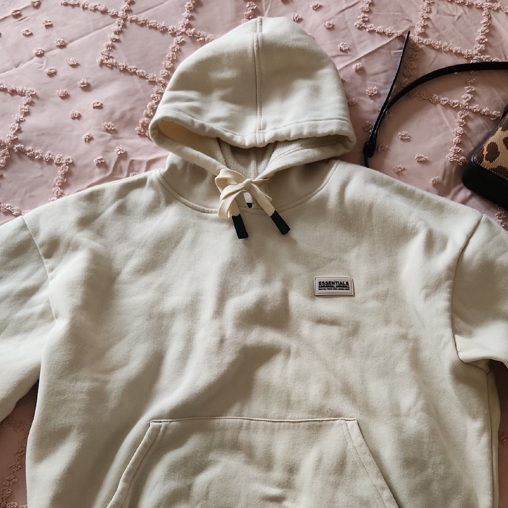 Essentials Cream Hoodie with Logo Patch